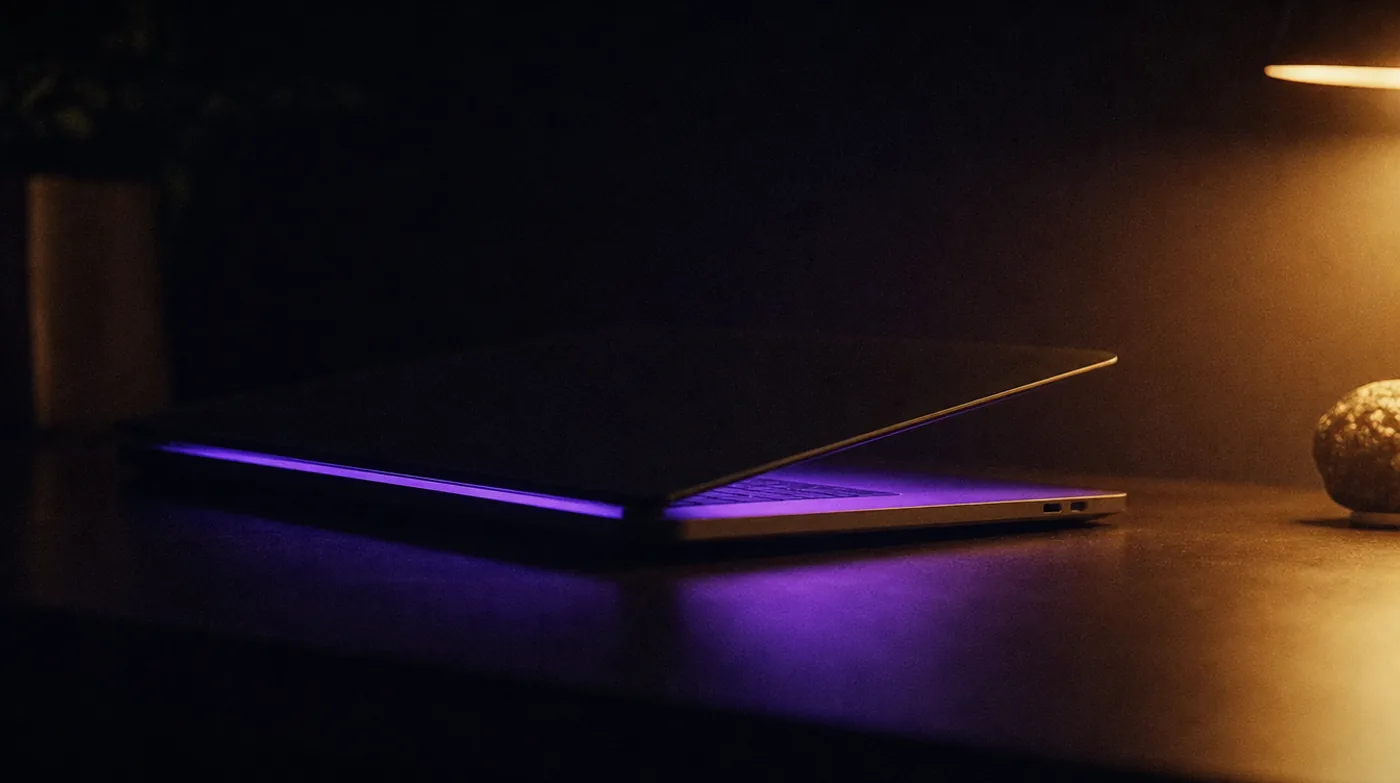 Félig lecsukott laptop sötét asztalon, a résből lila fény szűrődik ki
