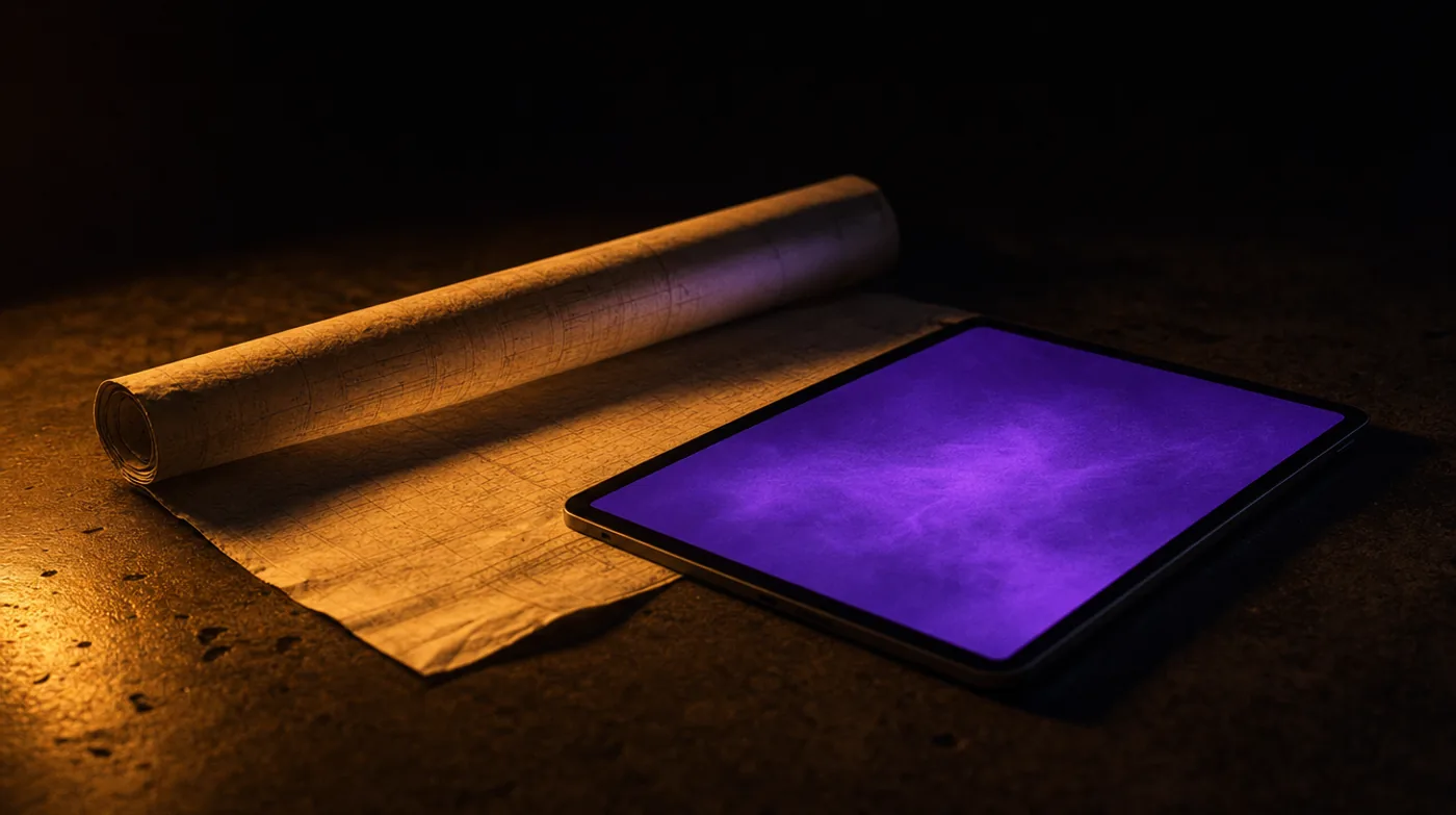 Félig feltekert papír tervrajz mellett egy tablet, mindkettőn ugyanaz a fény