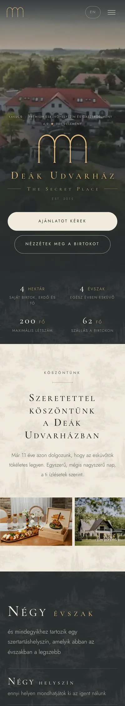 Az új főoldal telefonon: nyitókép és gombok, köszöntő, egy sült tál és a spa-ház képe, majd a Négy évszak blokk.