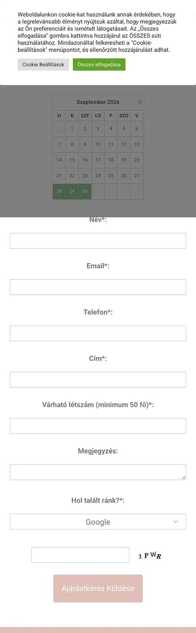 A régi ajánlatkérő középső oszlopa keskenyre vágva: süti-ablak, naptár és a teljes űrlap a küldés gombig.
