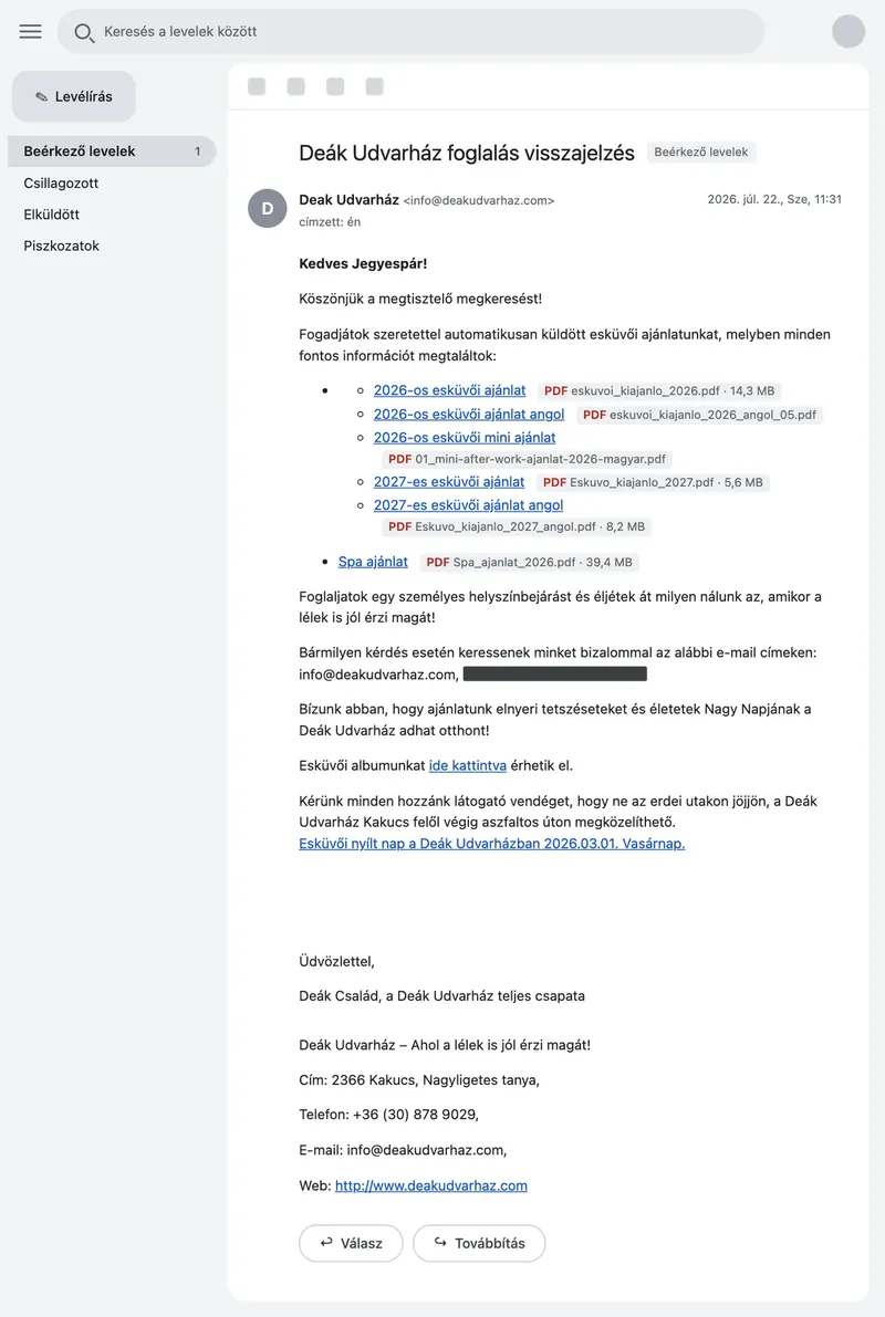 A régi ajánló levél levelezőben: „Kedves Jegyespár!”, alatta hat link külön PDF-ekre, a bejárás-mondat link nélkül, elérhetőségek.