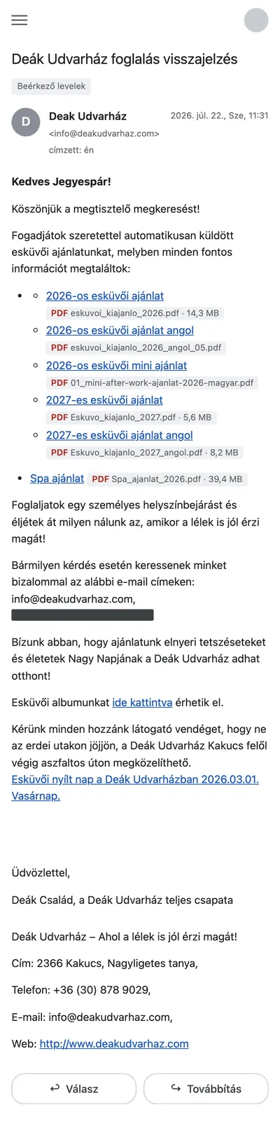 A régi ajánló levél telefonon: hat PDF-link, a bejárás-mondat, elérhetőségek.