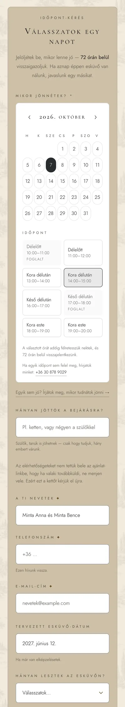 Az időpont-választó telefonon: naptár, óránkénti sávok, létszám, a pár neve és elérhetősége kitalált adattal.