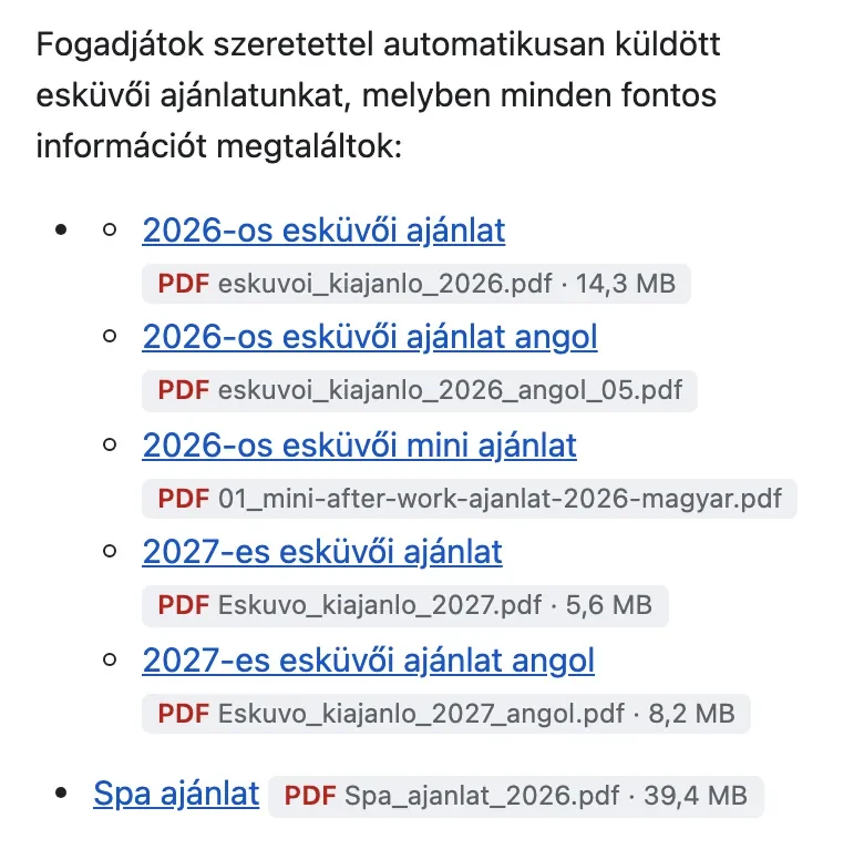 Nagyítás a régi levélből: hat link, mellettük a PDF-ek neve, négynél a mérete is, 5,6 MB-tól 39,4 MB-ig.